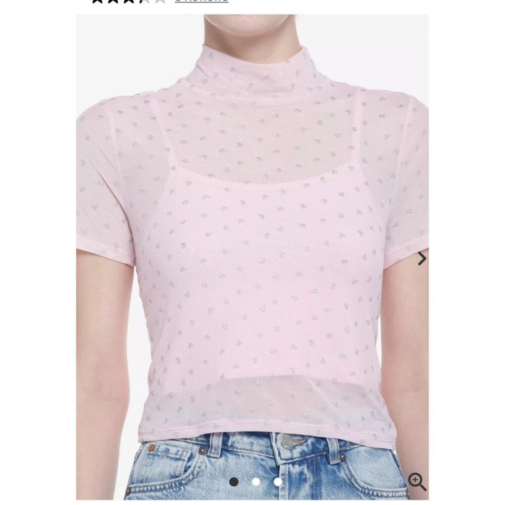 Pink Sheer Glitter Heart Mock Neck Top By Sweet Society - Hot Topic